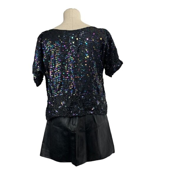Vintage Sequin Embellished Silk Short Sleeve Blouse - Black, Size Large - Picture 4 of 7